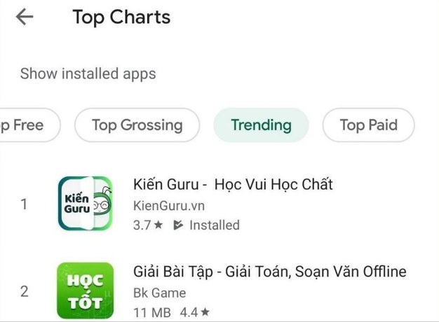 Ứng dụng học tập Kiến Guru đạt top trending trong kho ứng dụng