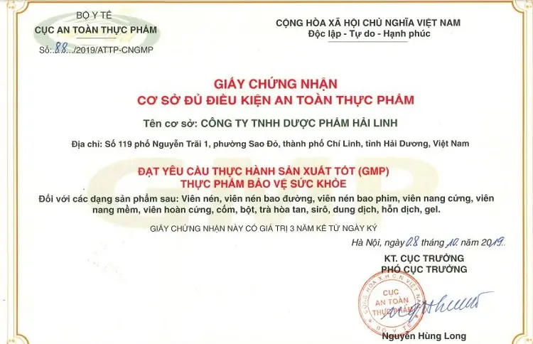 Giấy chứng nhận an toán thực phẩm của cốm trí não Noben Kid