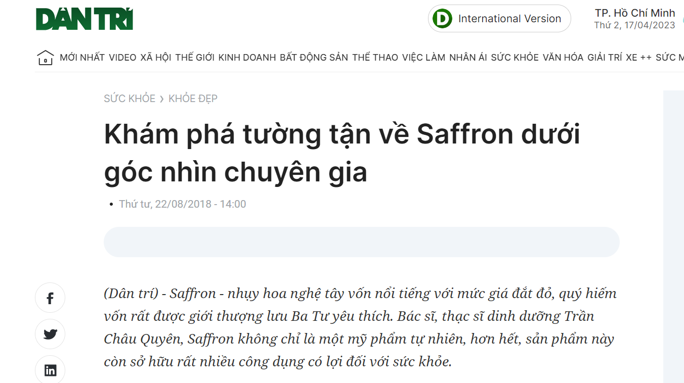 Báo Dân Trí nói về tác dụng tốt của Saffron qua lời chuyên gia uy tín